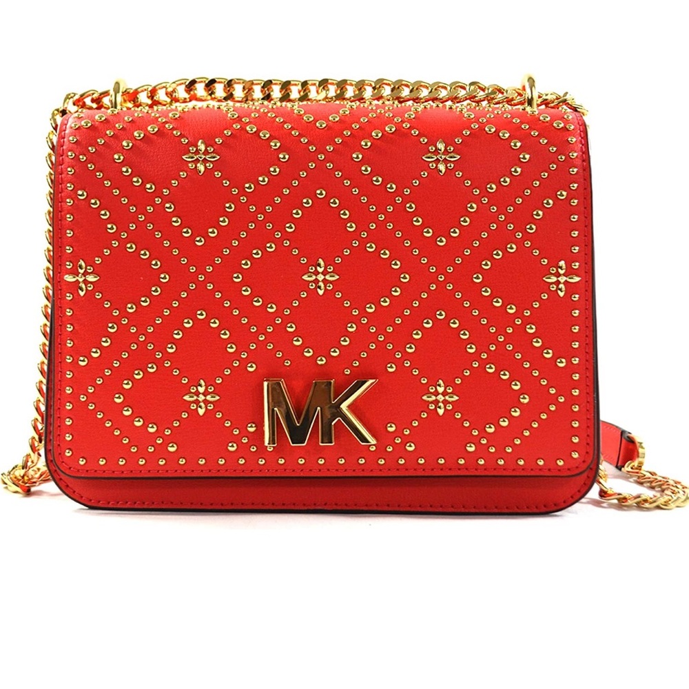 MICHAEL KORS INSTABUL STUD MOTT CHAIN SHOULDER LEATHER BAG COLOR CORAL REEF/GOLD